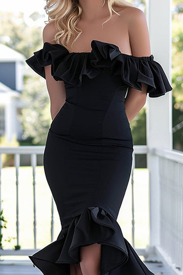 Zeemeermin Off The Shoulder Gegolfde Black Tie Jurk